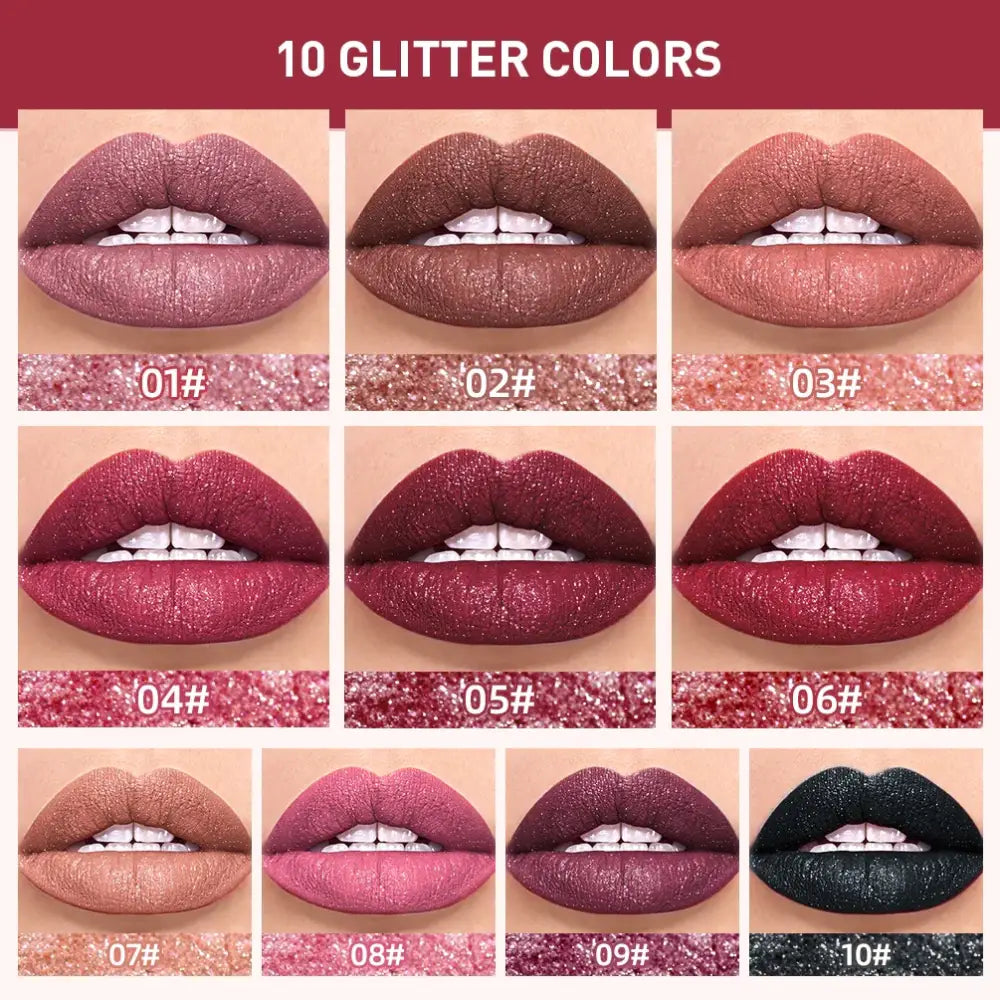 Collage of lips wearing different shades of glittery lipstick, numbered from 01 to 10.