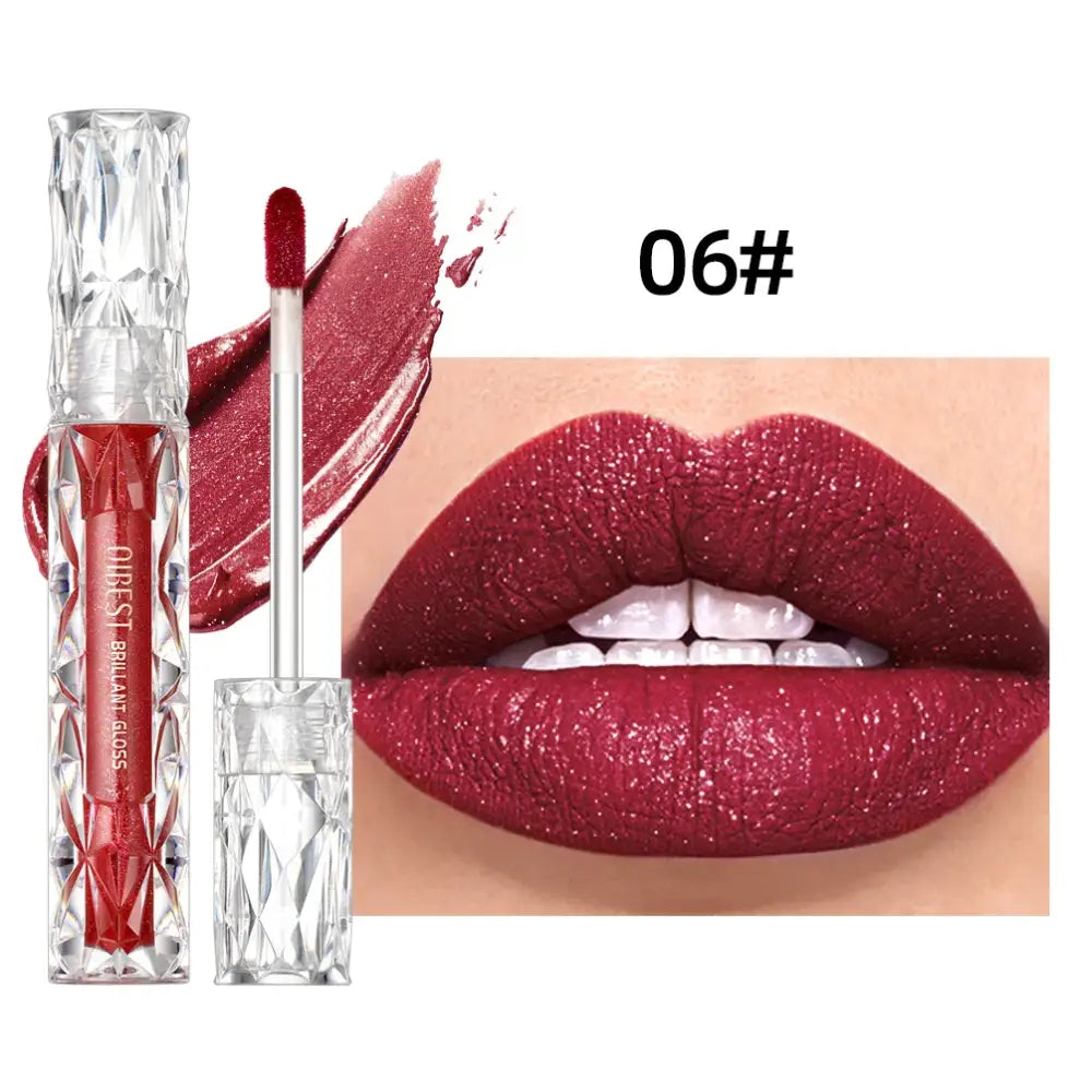 Deep red liquid lipstick with a glossy finish and its swatch on lips.