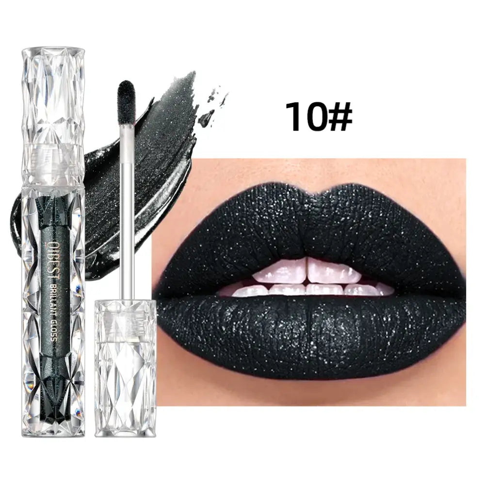 Glossy black lipstick applied to lips, with matching liquid lipstick product tube.