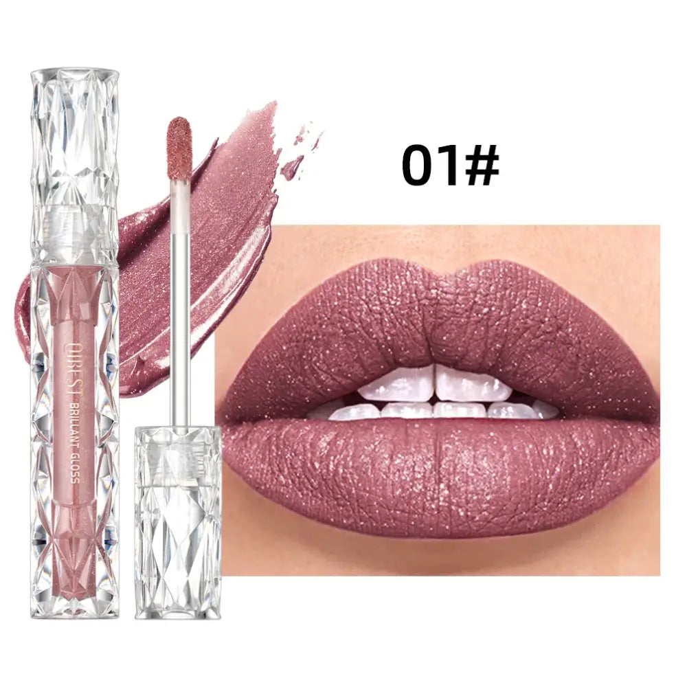 Mauve liquid lipstick with a crystal-like tube beside a close-up of lips wearing the shade.