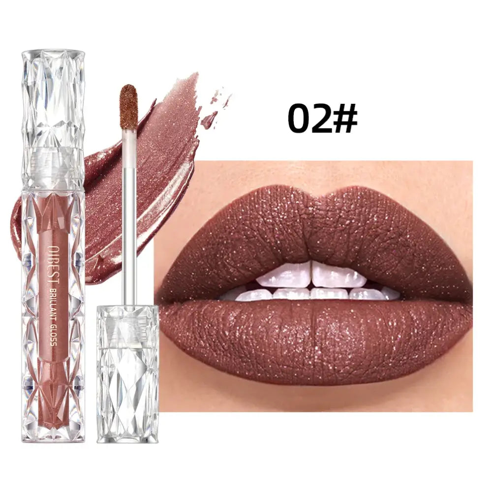 Metallic brown liquid lipstick with a close-up of lips wearing the shade.