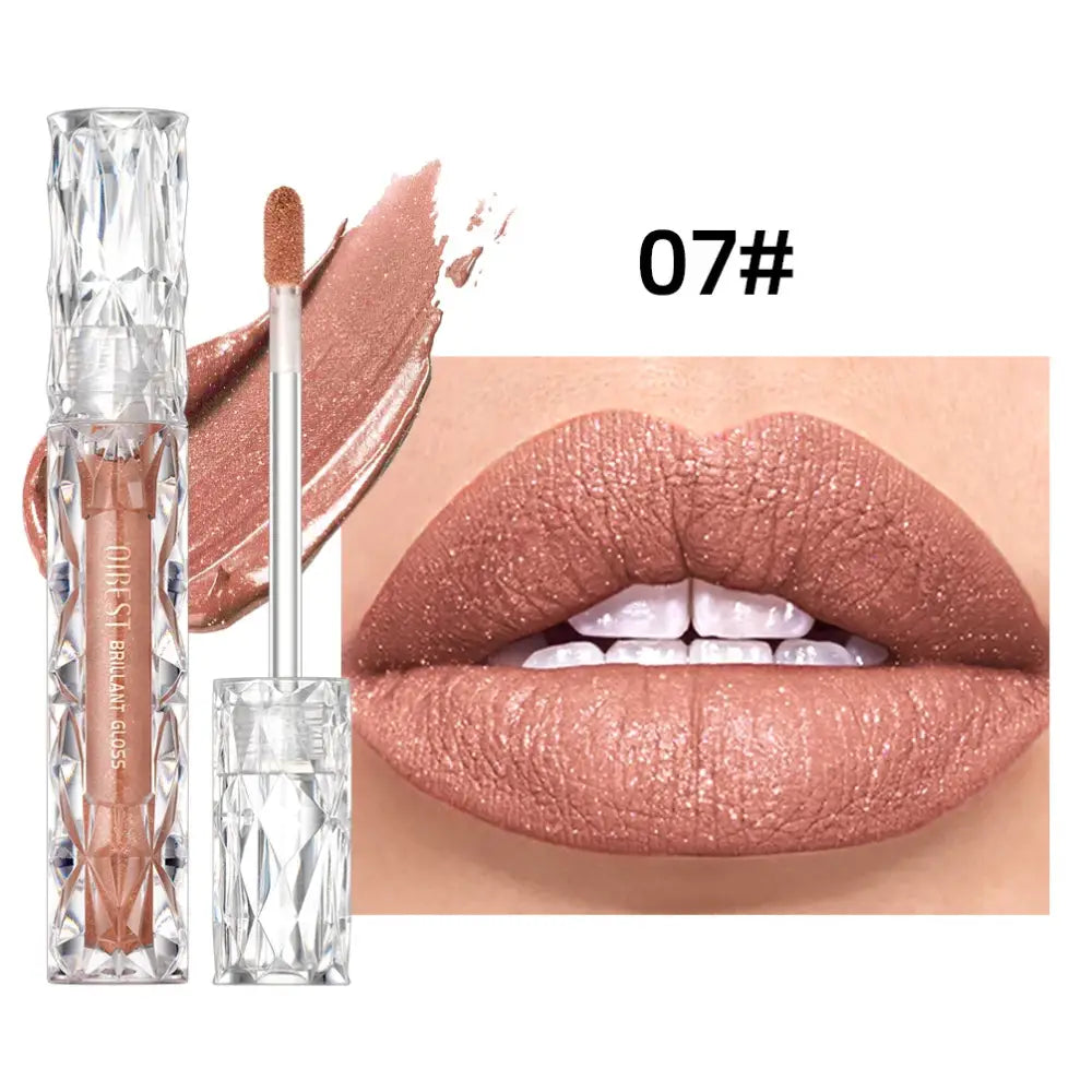 Nude-colored lip gloss in a crystal-like tube alongside a close-up of lips wearing the product.