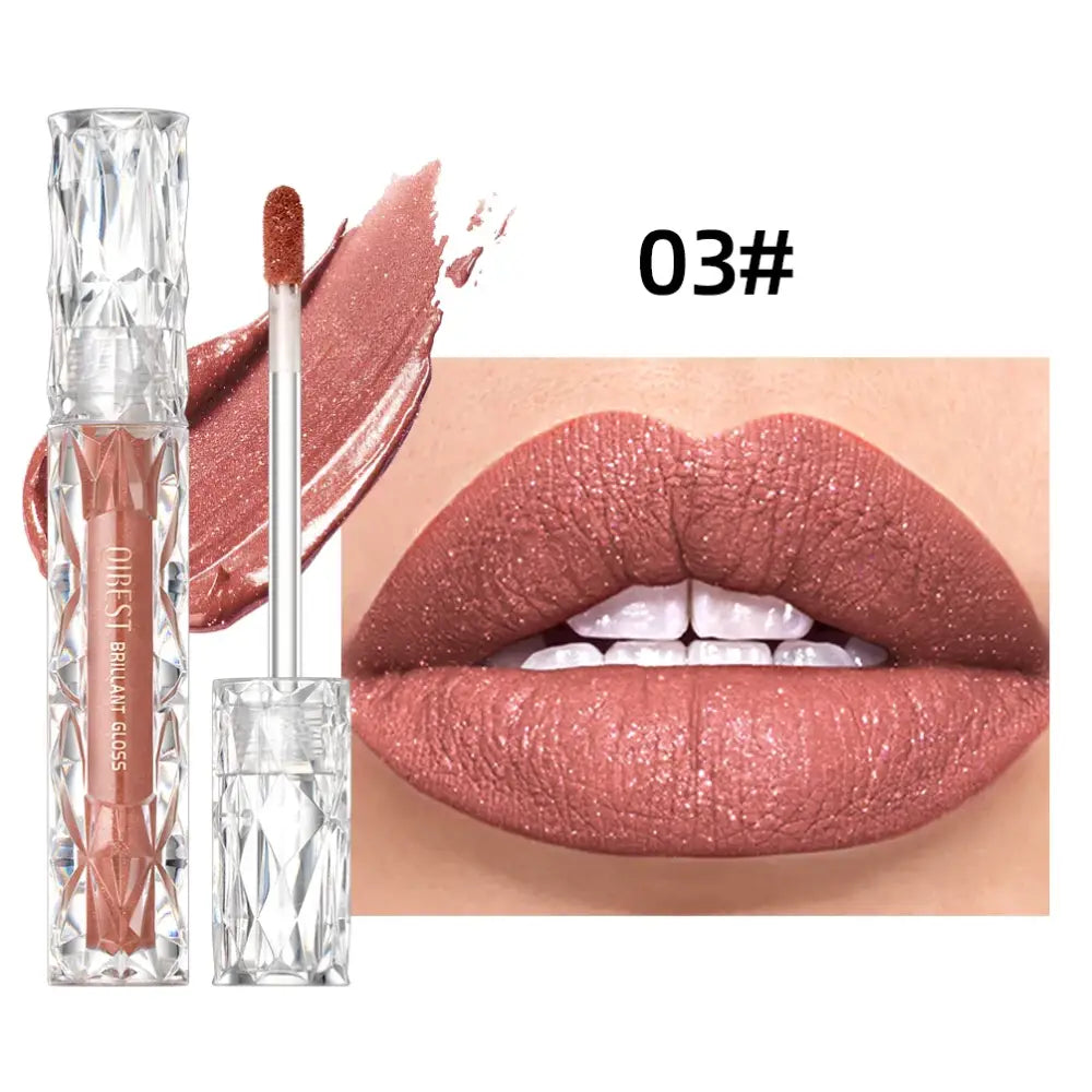 Lip gloss product with a swatch and close-up of lips wearing the shade.