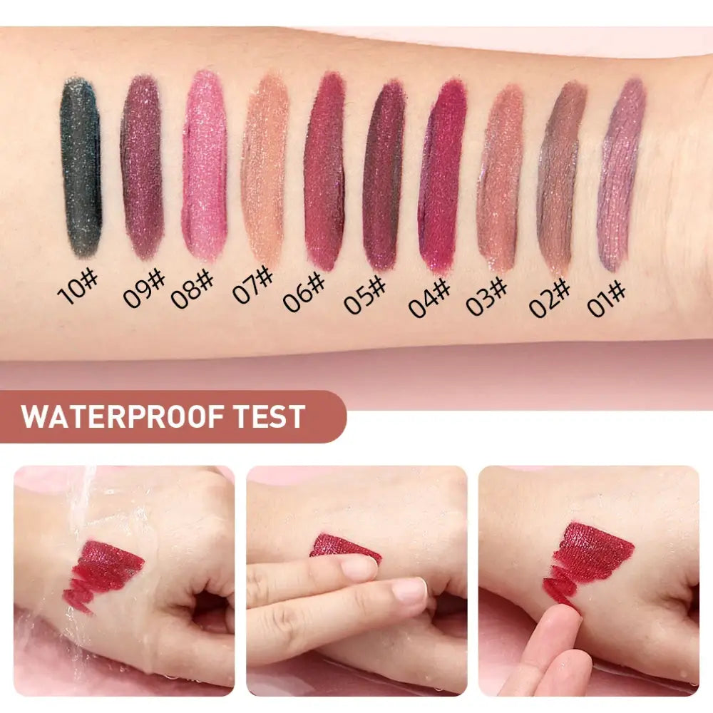 Swatches of lipstick colors on skin with a waterproof test demonstration.