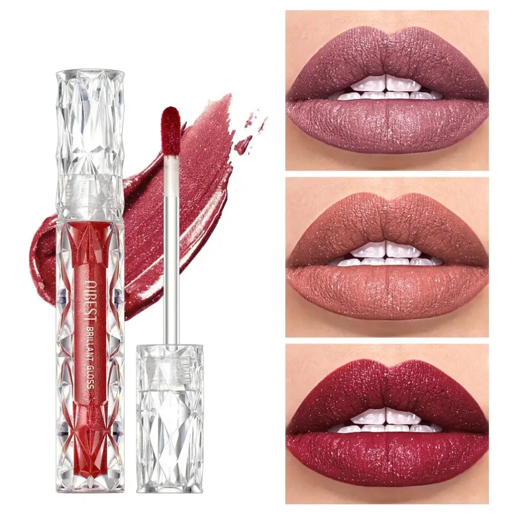 Lip gloss tube with crystal-like design and red product swatch alongside three lip close-ups showing different shades.