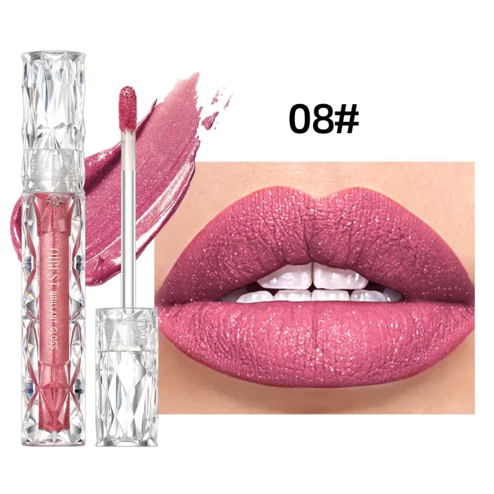 Lip gloss tube and swatch alongside a close-up of lips wearing the pink shade.