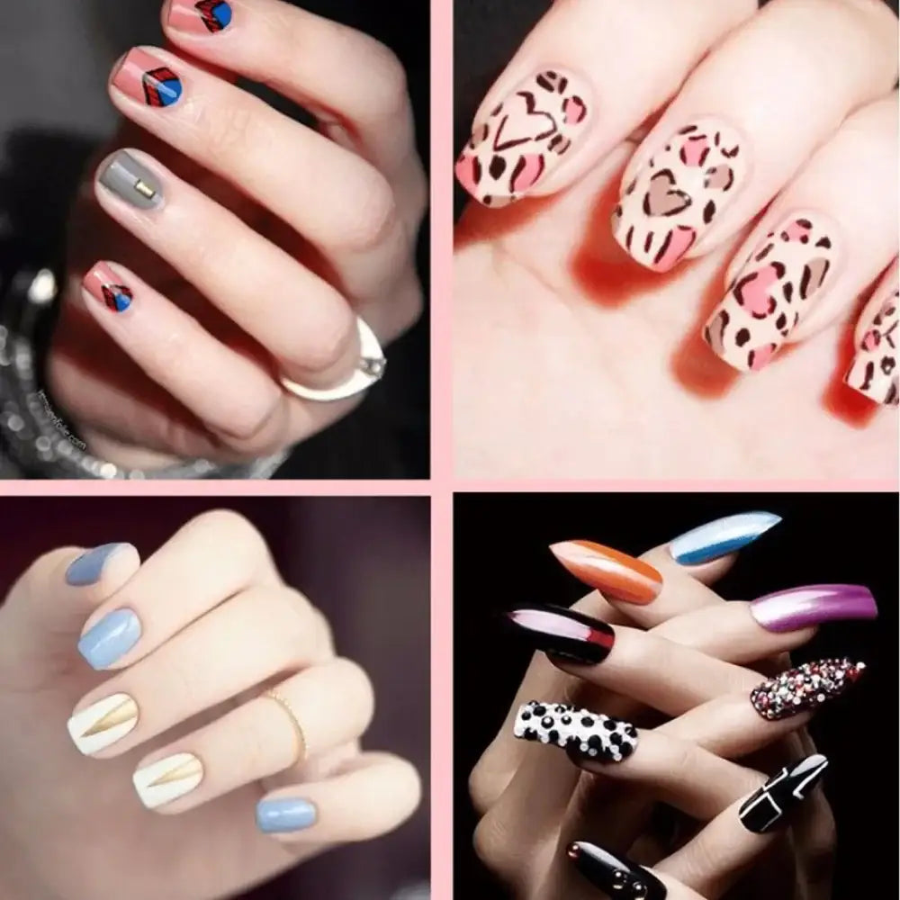 Collage of four different nail art designs showcasing various manicure styles and patterns.