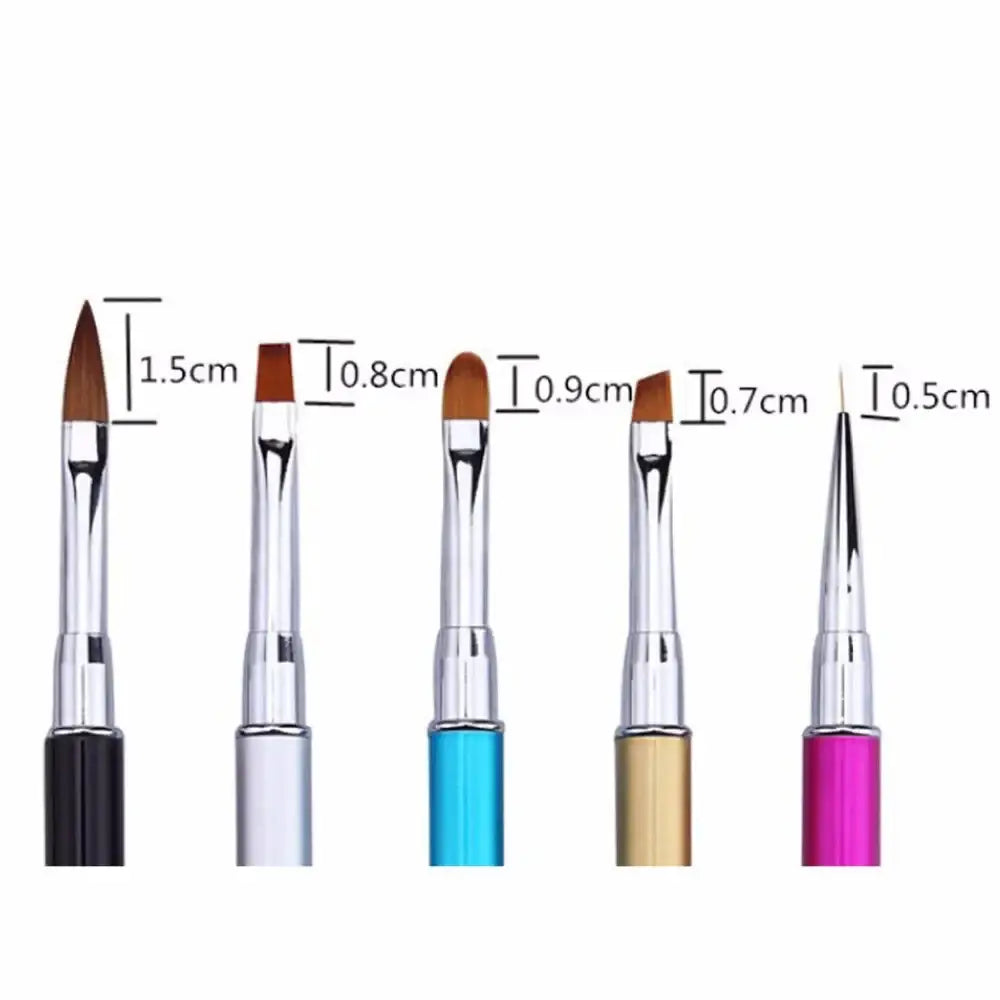 Set of five nail art brushes with different tip sizes and handle colors.