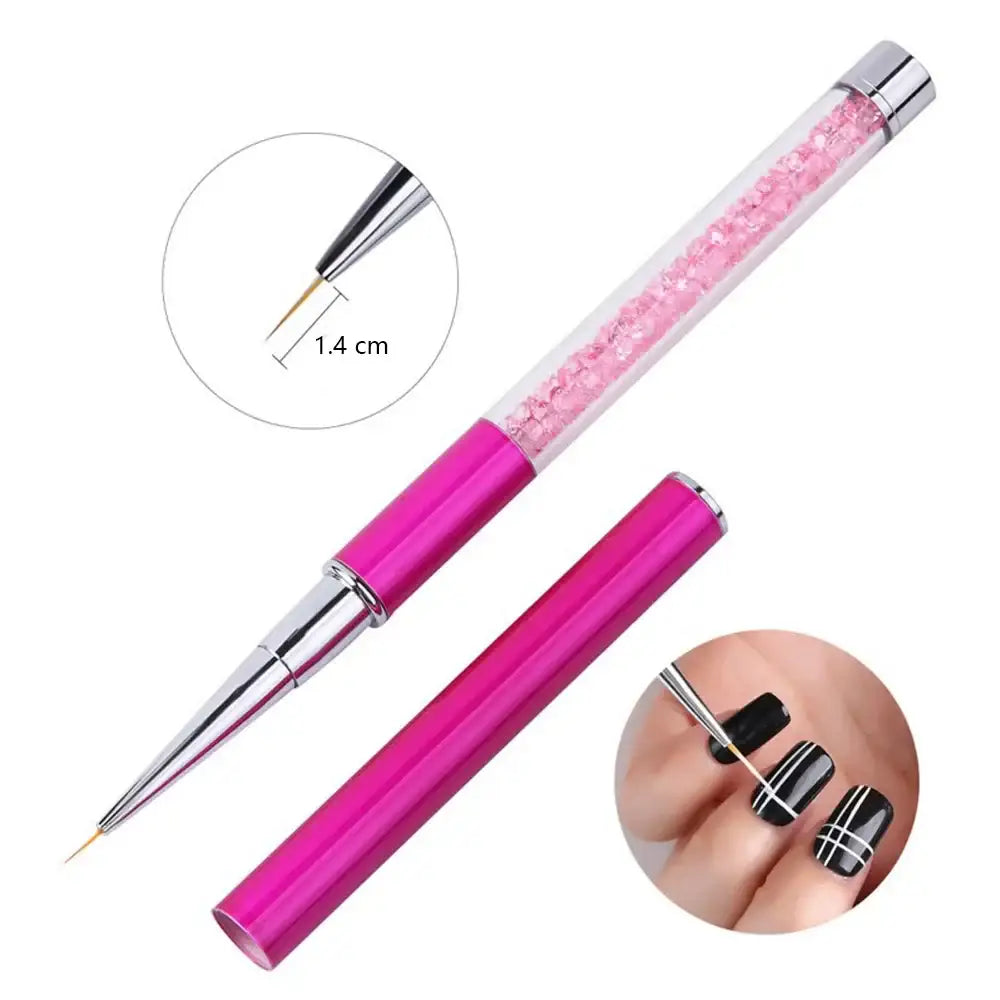 Pink nail art brush with crystal-filled handle and fine tip for detailed designs.