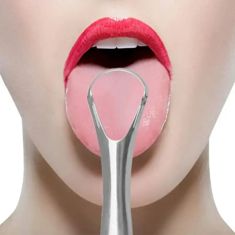 Tongue scraper being used on a protruding tongue with bright red lips.