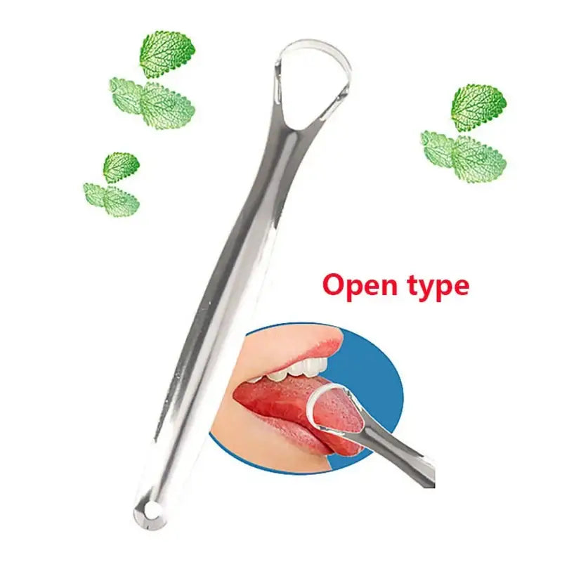 Dental tool with a curved metal end for examining or cleaning teeth.