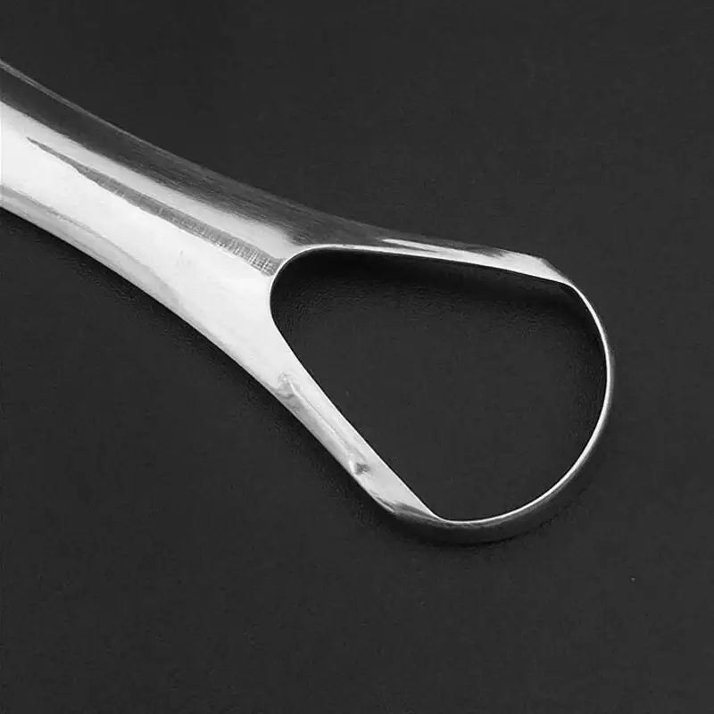 Metallic spoon with a curved, teardrop-shaped bowl.