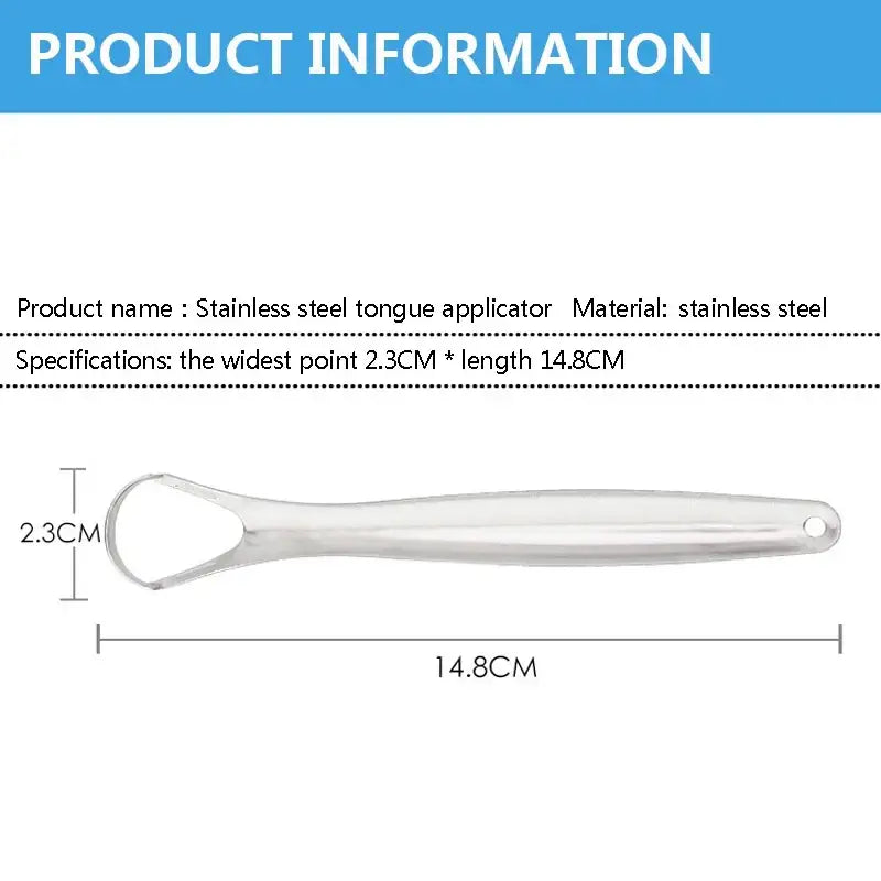 Stainless steel tongue applicator with measurements indicated.