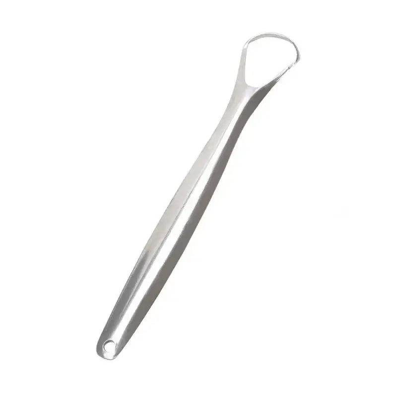 Stainless steel dental tool with curved ends, likely a tongue scraper or cleaner.