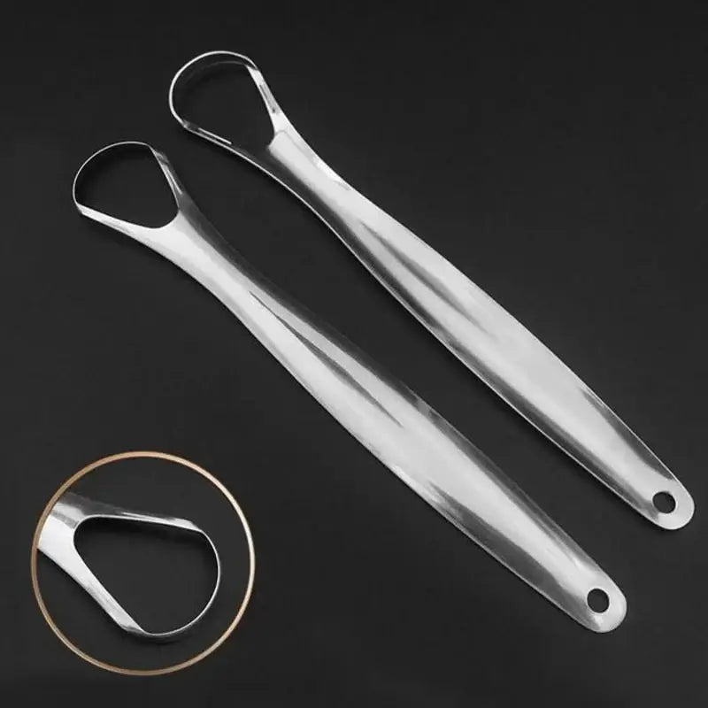 Stainless steel dental scaling tools with curved ends for removing plaque and tartar.