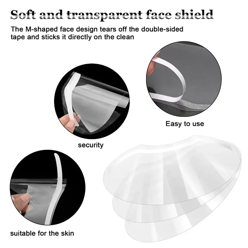 Transparent face shield with an M-shaped design and adhesive edges for easy application.