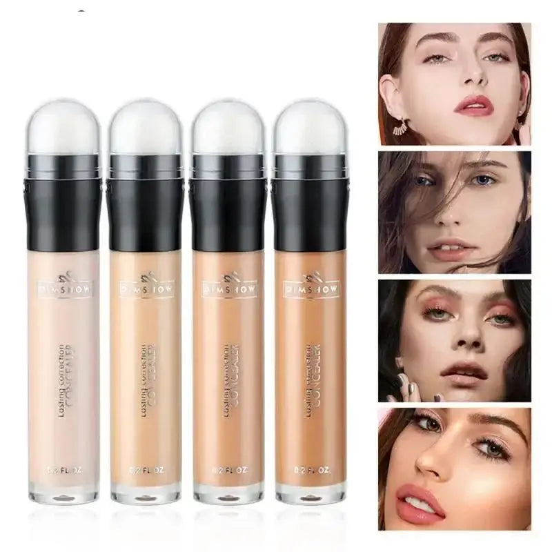 Four foundation makeup bottles in different shades with black and silver caps.