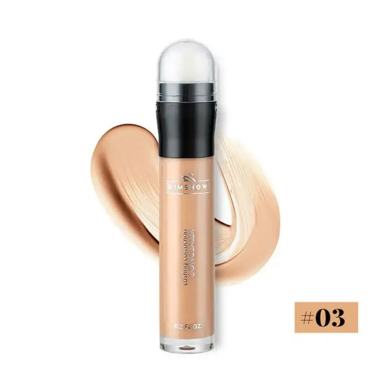 Liquid foundation makeup bottle with a pump dispenser and swatches of the product.