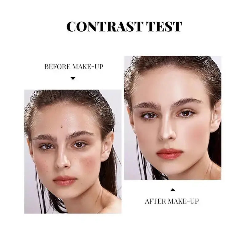 Before and after makeup comparison showing a woman’s face.