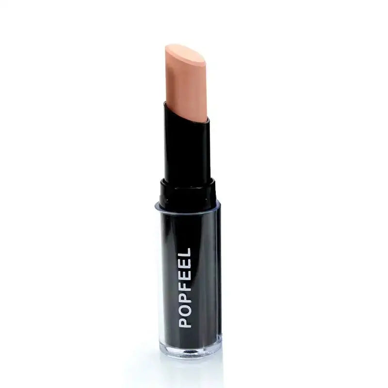 Nude-colored lipstick in a black cylindrical tube labeled ’POPFEEL’.