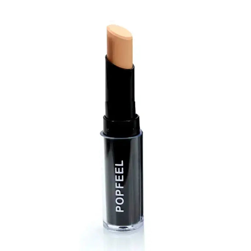 Stick of concealer or foundation makeup in a black tube labeled ’POPFEEL’.