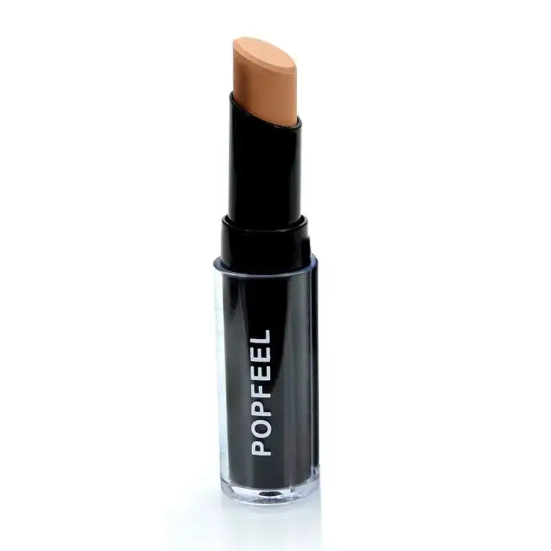 Stick of concealer or foundation makeup in a black tube labeled ’POPFEEL’.