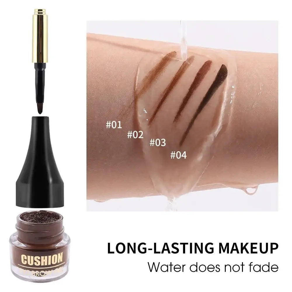 Cushion eyeliner product with swatches demonstrating its water-resistant quality.