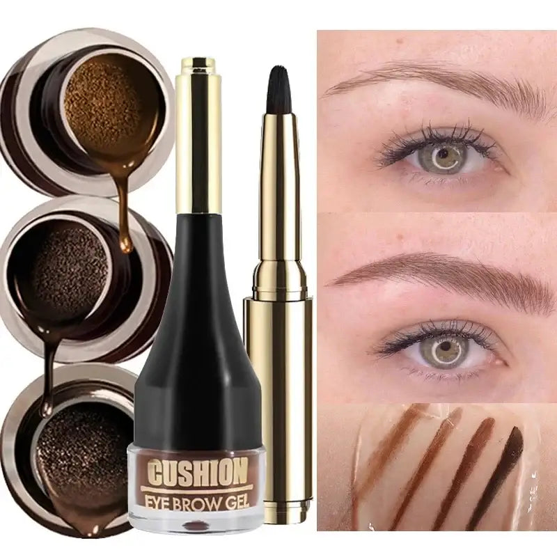 Cushion eyebrow gel product with accompanying makeup tools and before/after eye images.