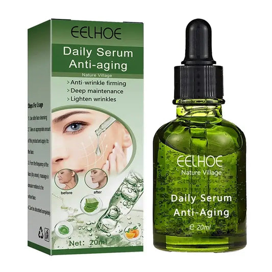 Anti-aging daily serum in a green glass bottle with dropper, accompanied by its product packaging.