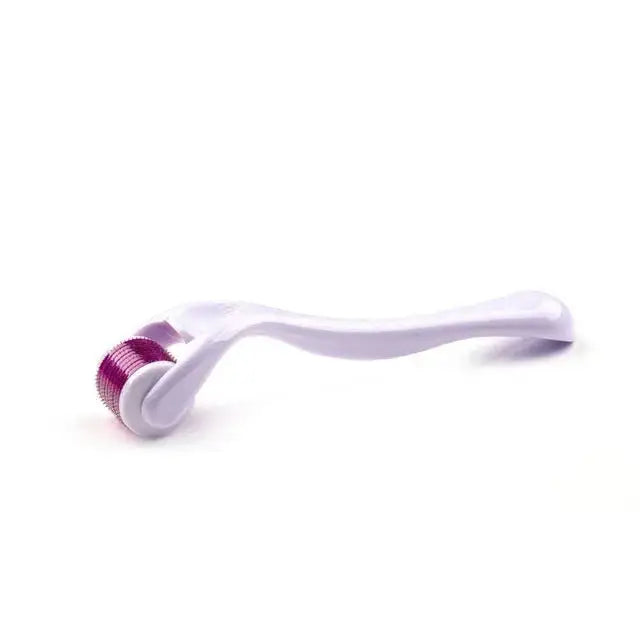 Derma roller with a white handle and purple roller head.