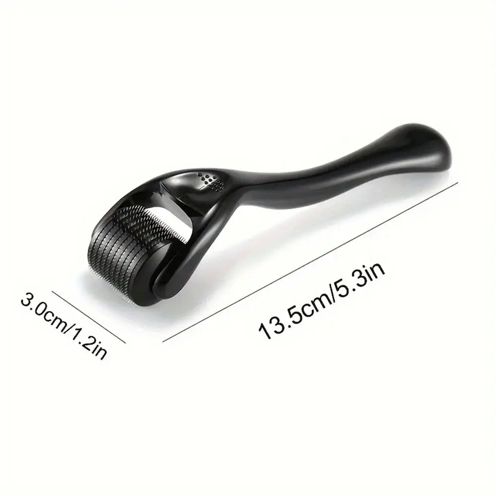 Derma roller with a black handle and metal microneedle head.