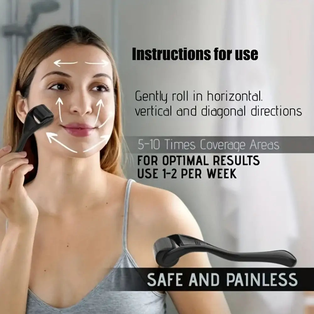 Facial roller tool for skincare with usage instructions.