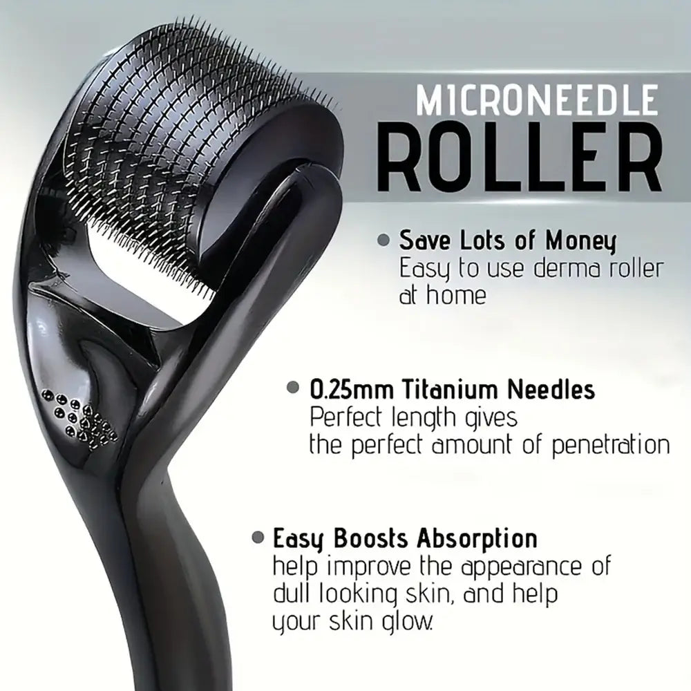 Handheld microneedle roller device with a cylindrical head covered in tiny needles.