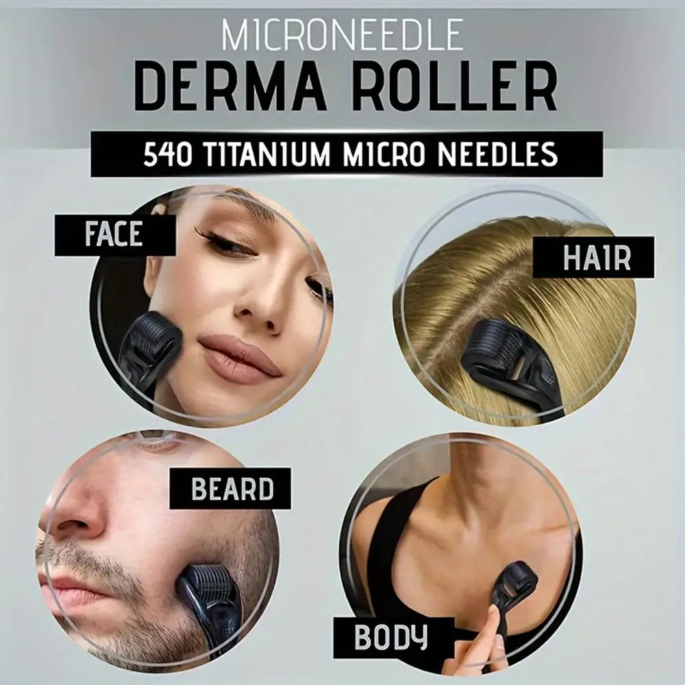 Microneedle derma roller with 540 titanium micro needles for use on face, hair, beard, and body.