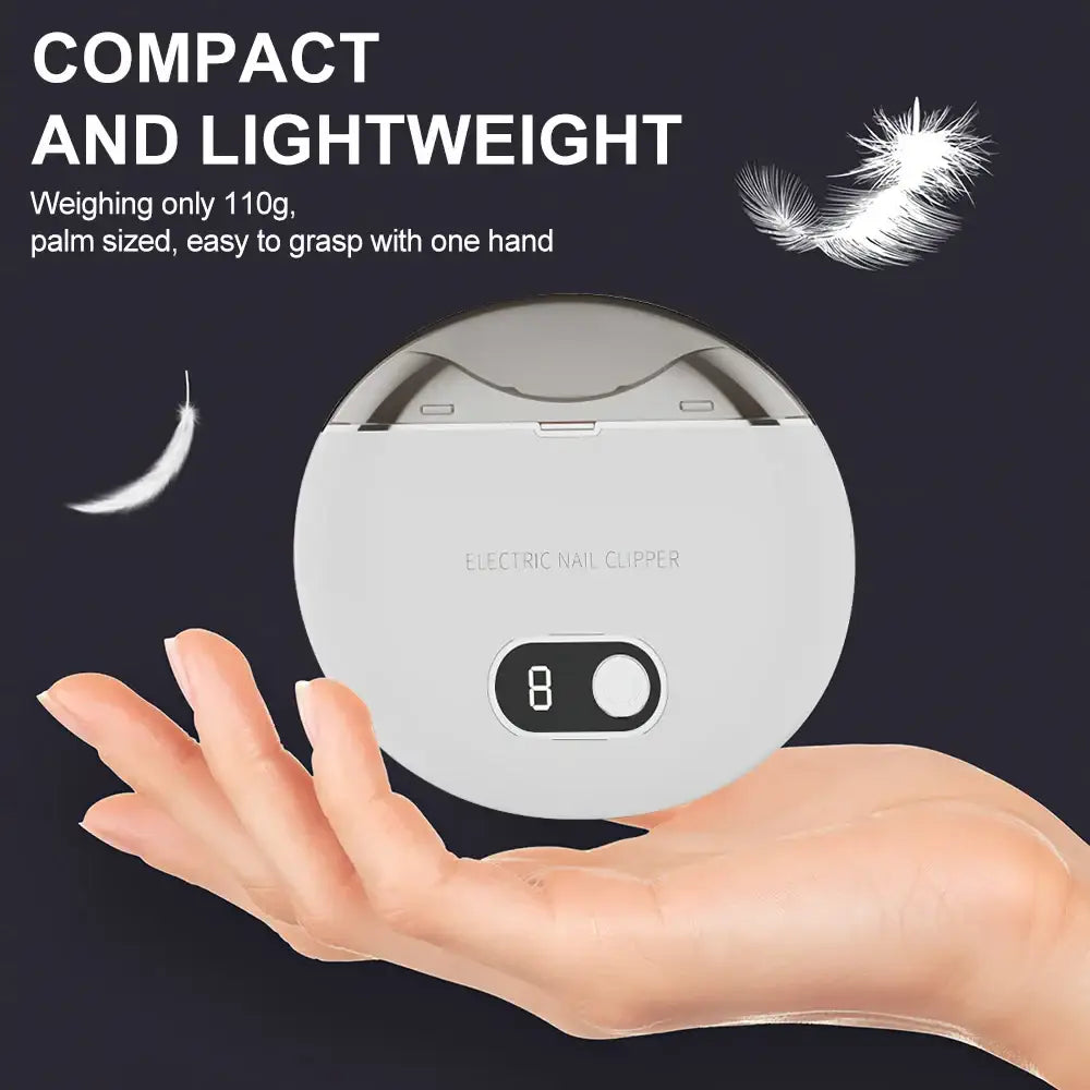 Circular white electronic device with a handle and digital display resting on an open palm.