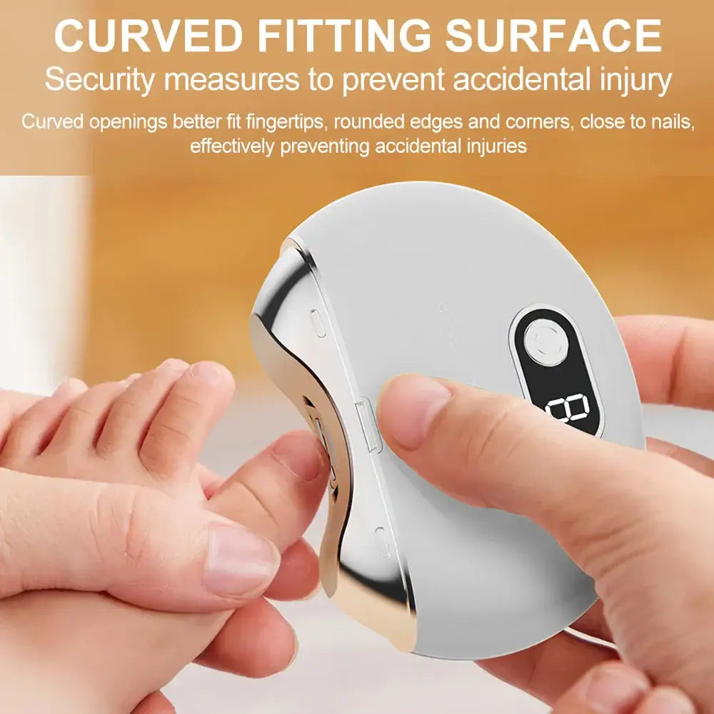 Curved nail clipper with safety features designed to prevent accidental injuries.