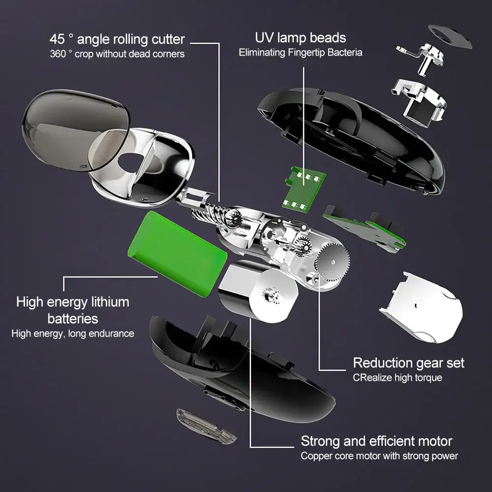 Electric herb grinder with labeled internal components shown in an exploded view.