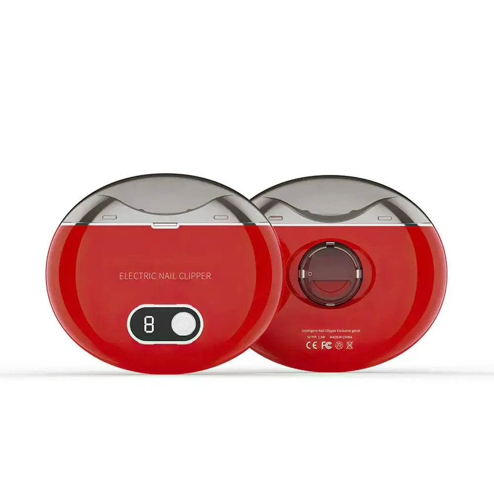 Red circular electric ball massager with two connected spheres and a digital display.