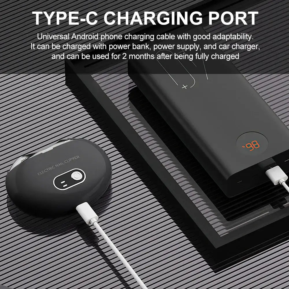 Wireless earbuds charging case with a Type-C charging port connected to a power bank.