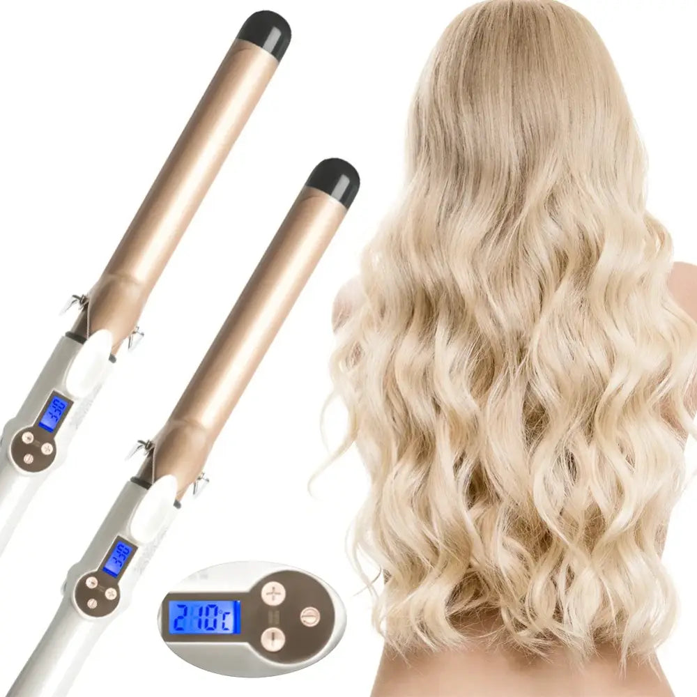 Hair curling iron with digital temperature display alongside long, wavy blonde hair.