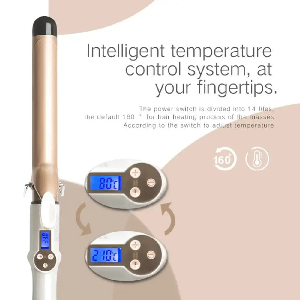 Hair styling tool with digital temperature control display.