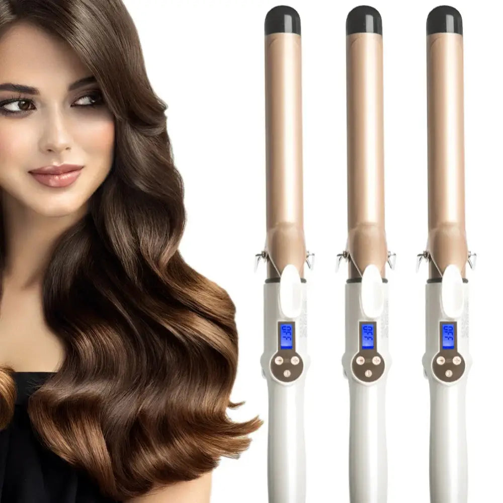 Hair curling wands with digital displays and gold-toned barrels.