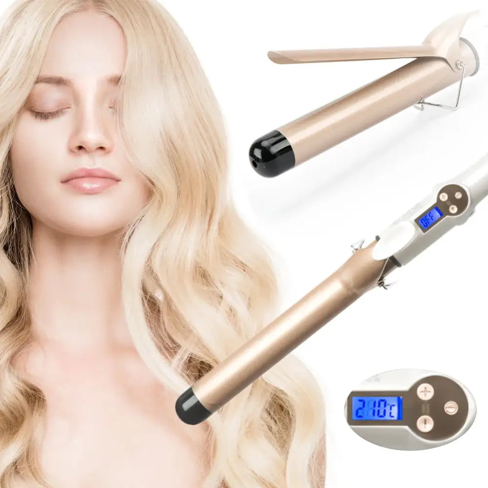 Curling iron with digital temperature display for styling hair.