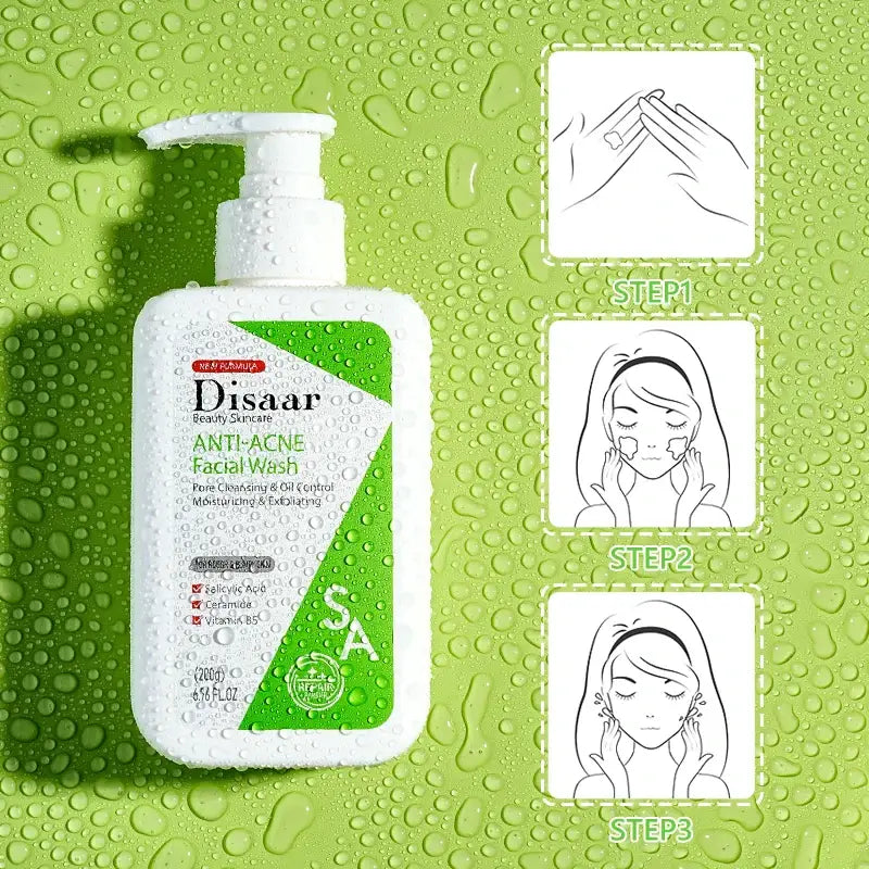 Bottle of Disaar anti-acne facial wash with a pump dispenser.