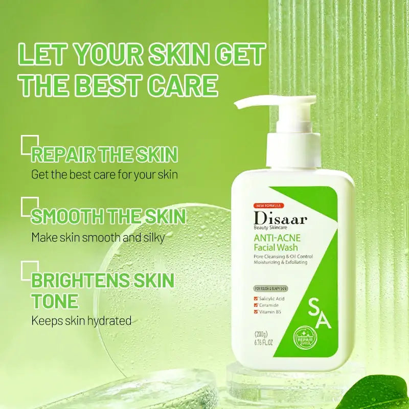 Bottle of Disaar anti-acne facial wash with a pump dispenser.