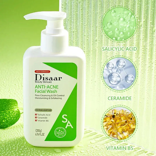 White and green bottle of Disaar anti-acne facial wash with a pump dispenser.