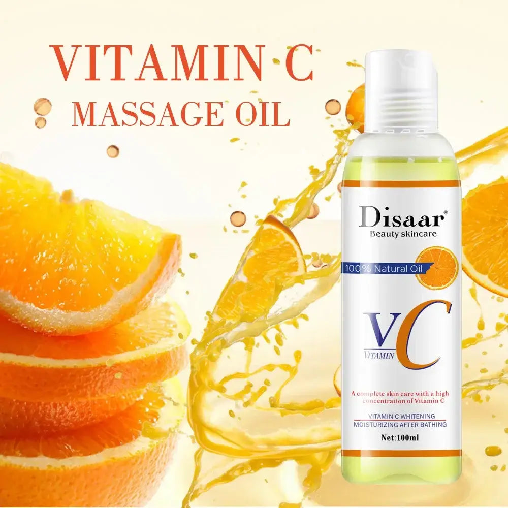 Bottle of Disaar Vitamin C massage oil surrounded by orange slices and splashing liquid.