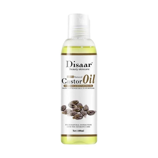 Bottle of Disaar brand castor oil with castor seeds pictured on the label.