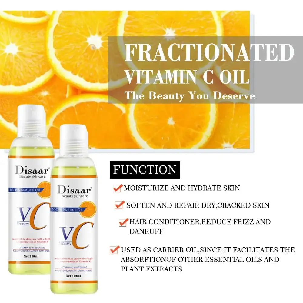 Bottles of fractionated vitamin C oil skincare product.