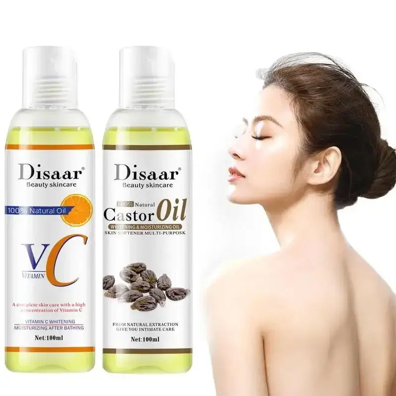 Two bottles of Disaar skincare products, one containing vitamin C and the other castor oil.